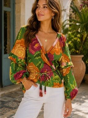 Farm Rio x Anthropologie Floral Wrap Tassel Blouse Balloon Sleeve M